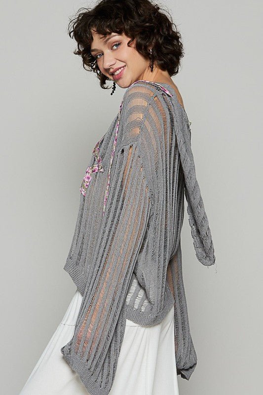 POL Floral Print Star Patch Lightweight Hooded Knit Cover Up - Sleekdenim.com