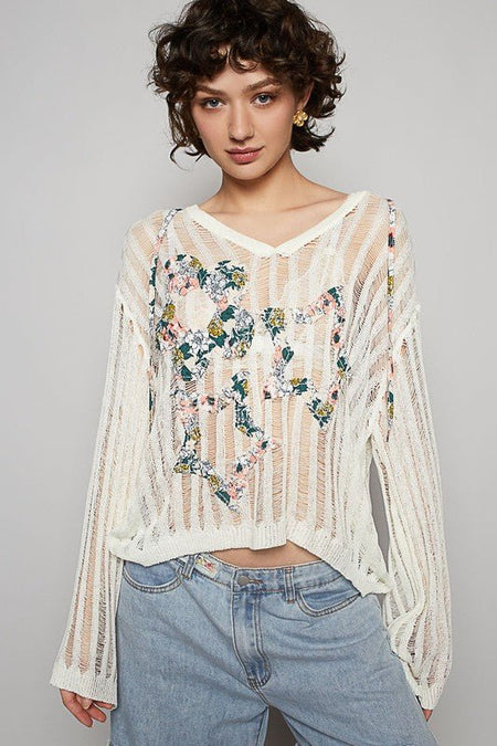 POL Floral Print Star Patch Lightweight Hooded Knit Cover Up - Sleekdenim.com