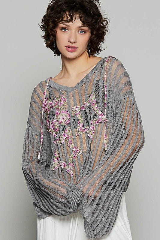 POL Floral Print Star Patch Lightweight Hooded Knit Cover Up - Sleekdenim.com