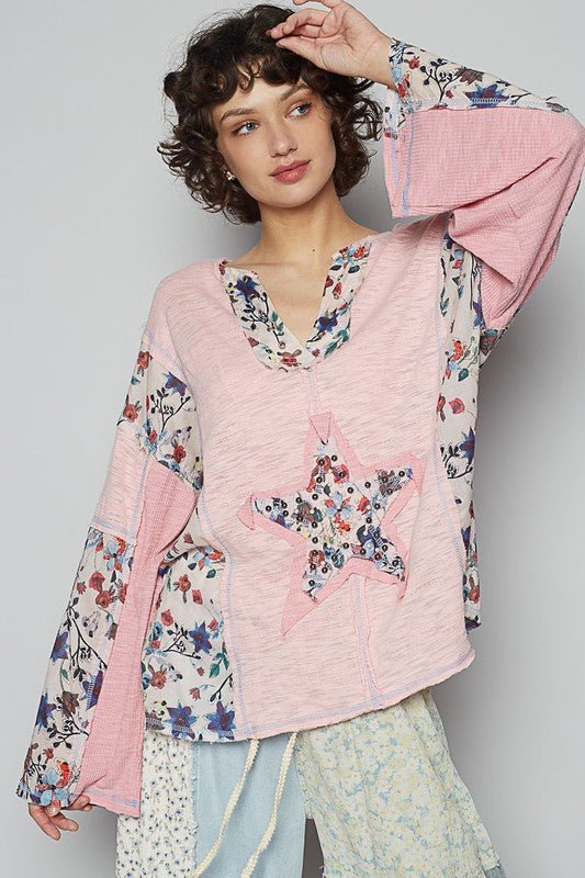 POL Floral Stud Detail Star Patch Notched Long Sleeve T-Shirt - Sleekdenim.com