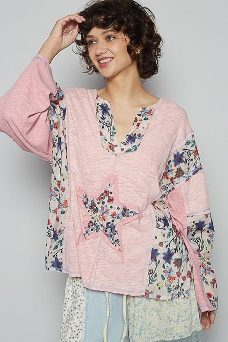 POL Floral Stud Detail Star Patch Notched Long Sleeve T-Shirt - Sleekdenim.com