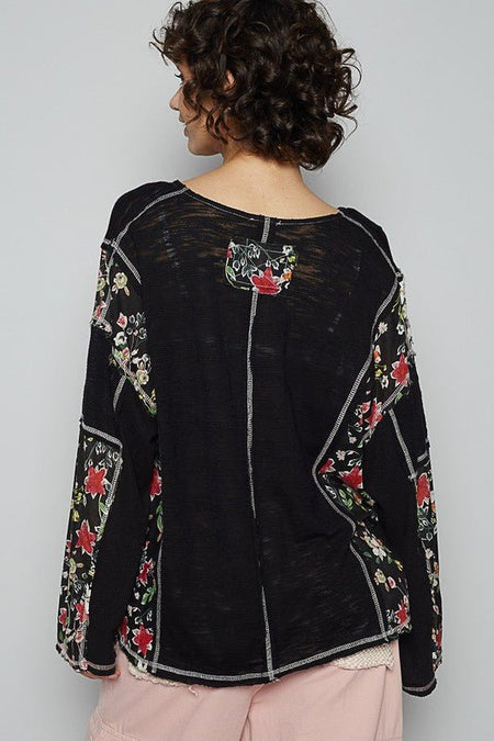 POL Floral Stud Detail Star Patch Notched Long Sleeve T-Shirt - Sleekdenim.com