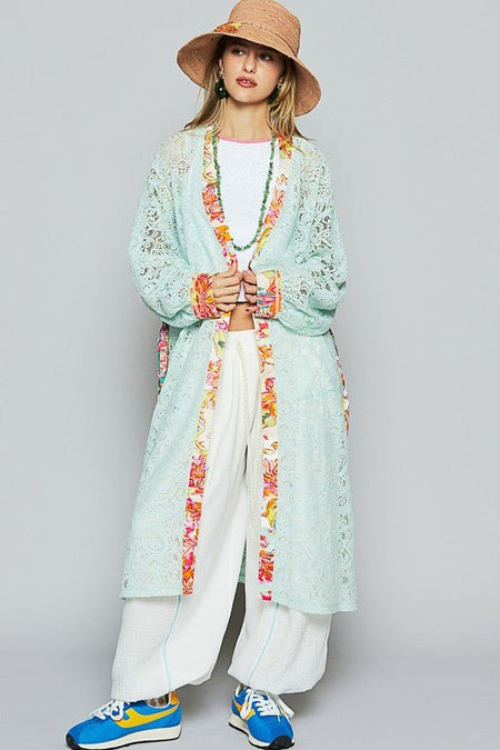 POL Floral Trim Lace Open Front Longline Cardigan - Sleekdenim.com