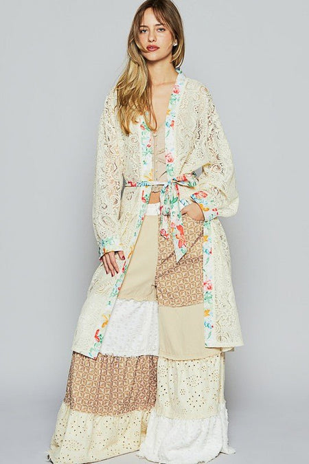 POL Floral Trim Lace Open Front Longline Cardigan - Sleekdenim.com