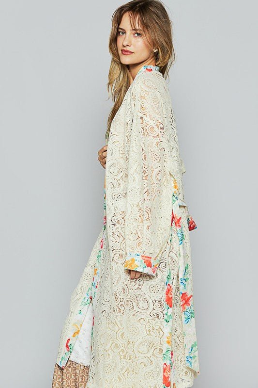 POL Floral Trim Lace Open Front Longline Cardigan - Sleekdenim.com