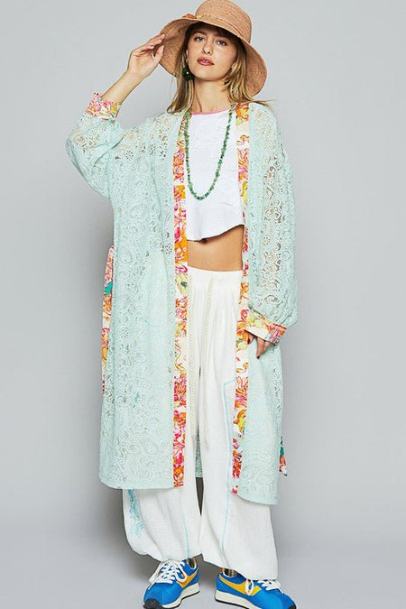 POL Floral Trim Lace Open Front Longline Cardigan - Sleekdenim.com