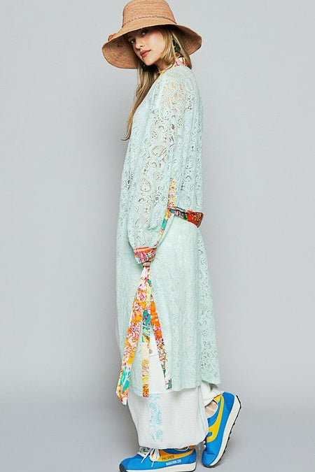 POL Floral Trim Lace Open Front Longline Cardigan - Sleekdenim.com