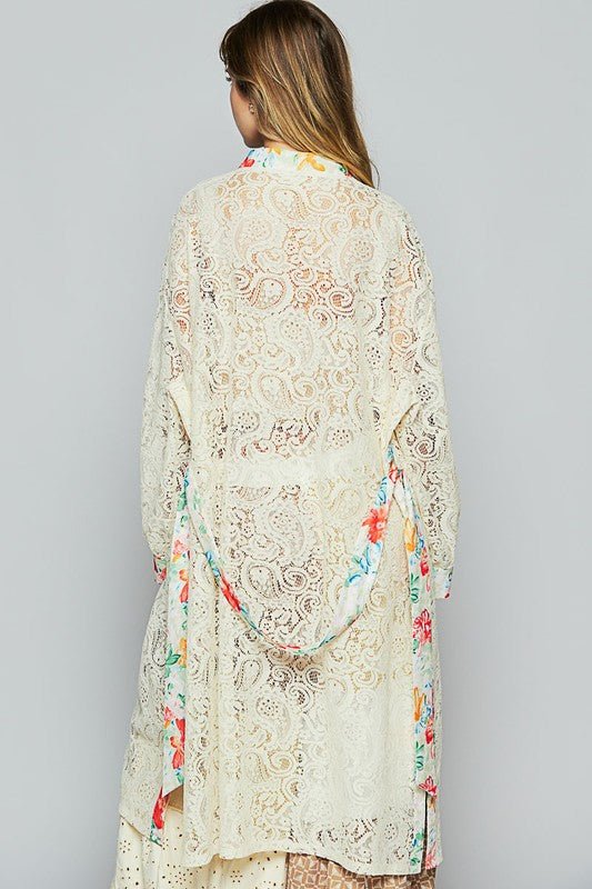 POL Floral Trim Lace Open Front Longline Cardigan - Sleekdenim.com