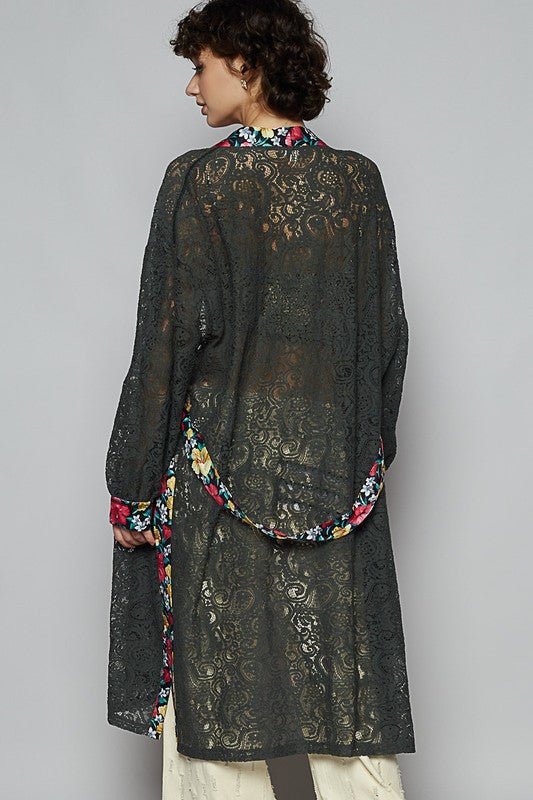 POL Floral Trim Lace Open Front Longline Cardigan - Sleekdenim.com