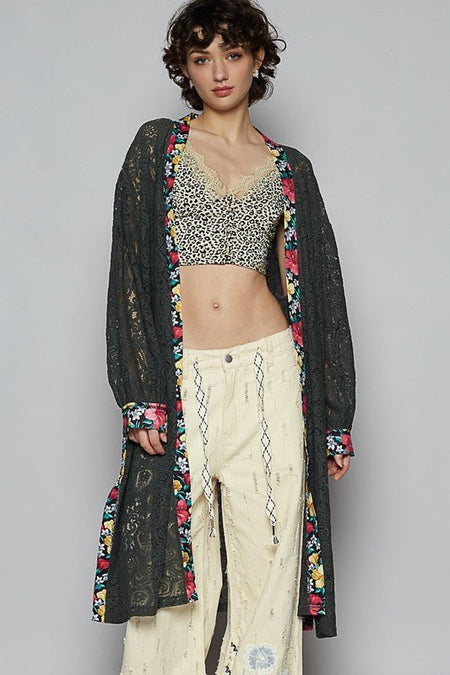 POL Floral Trim Lace Open Front Longline Cardigan - Sleekdenim.com