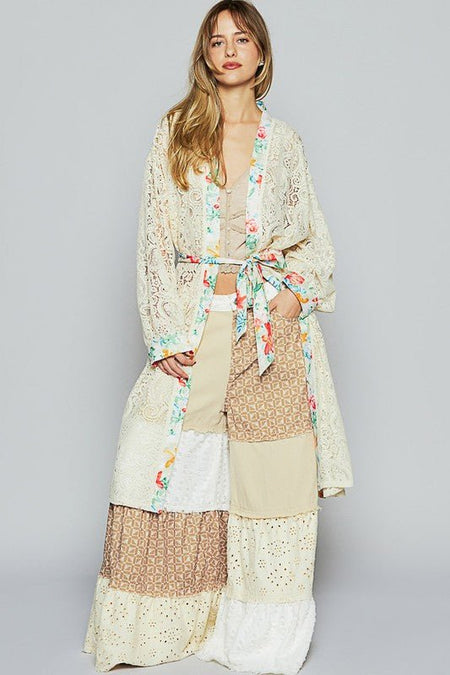 POL Floral Trim Lace Open Front Longline Cardigan - Sleekdenim.com