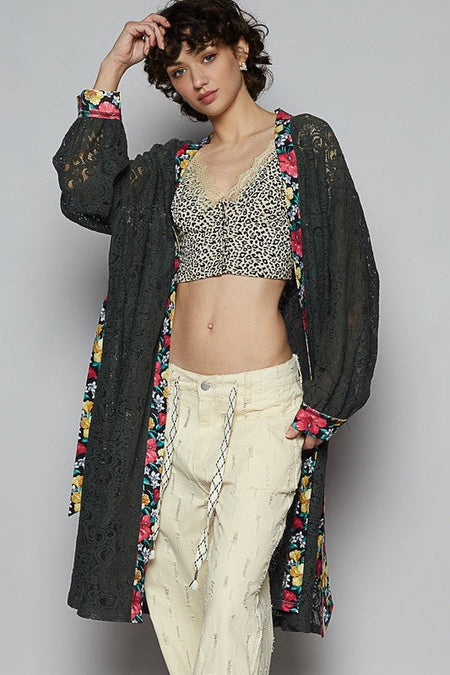 POL Floral Trim Lace Open Front Longline Cardigan - Sleekdenim.com