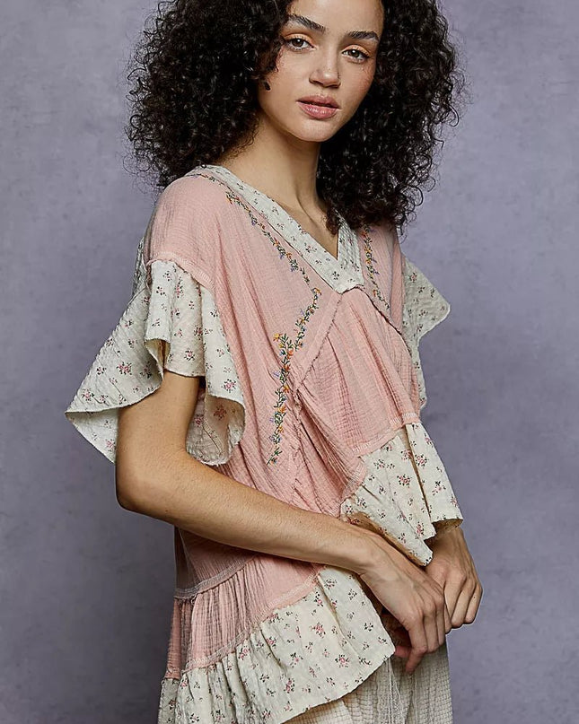 POL Floral V - Neck Short Sleeve Ruffled Double Gauze Blouse with Embroidery Detail - Sleekdenim.com
