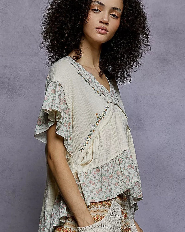 POL Floral V - Neck Short Sleeve Ruffled Double Gauze Blouse with Embroidery Detail - Sleekdenim.com