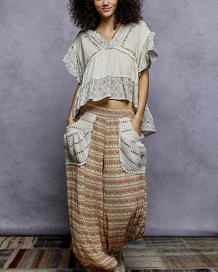 POL Floral V - Neck Short Sleeve Ruffled Double Gauze Blouse with Embroidery Detail - Sleekdenim.com