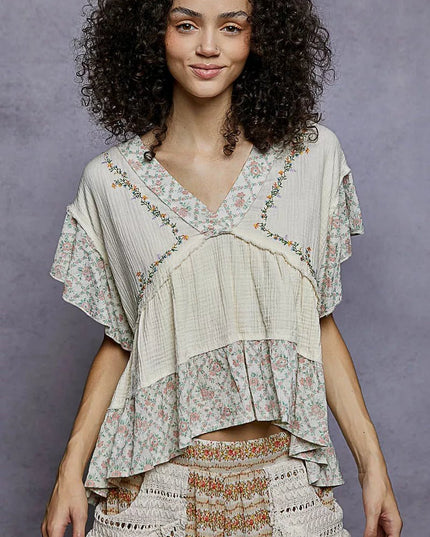 POL Floral V - Neck Short Sleeve Ruffled Double Gauze Blouse with Embroidery Detail - Sleekdenim.com