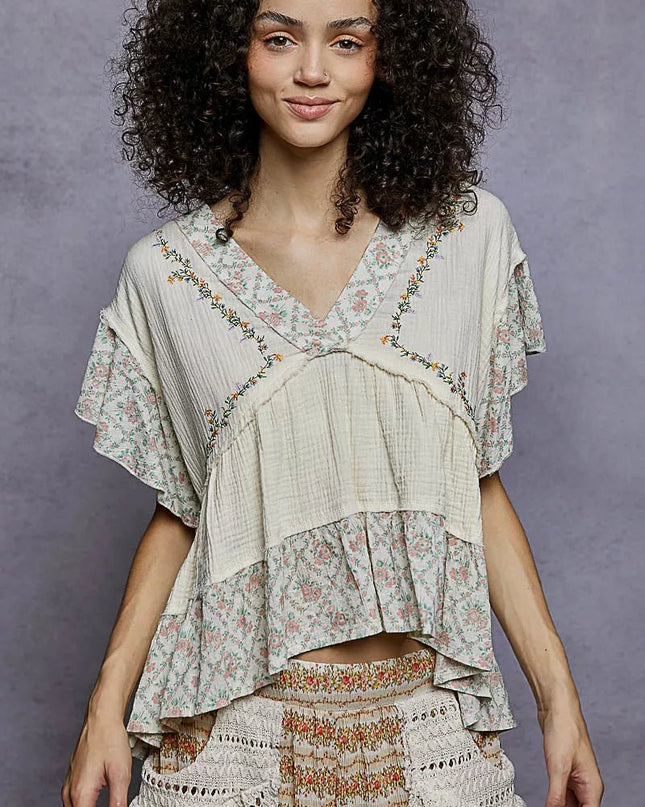 POL Floral V - Neck Short Sleeve Ruffled Double Gauze Blouse with Embroidery Detail - Sleekdenim.com