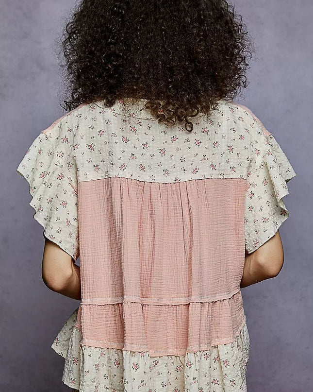 POL Floral V - Neck Short Sleeve Ruffled Double Gauze Blouse with Embroidery Detail - Sleekdenim.com