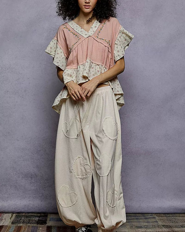 POL Floral V - Neck Short Sleeve Ruffled Double Gauze Blouse with Embroidery Detail - Sleekdenim.com