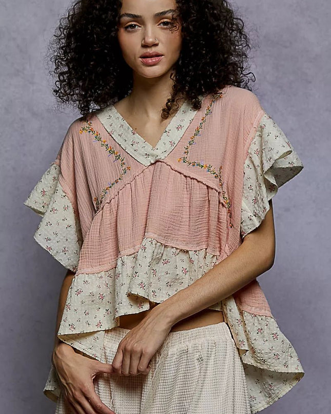 POL Floral V - Neck Short Sleeve Ruffled Double Gauze Blouse with Embroidery Detail - Sleekdenim.com