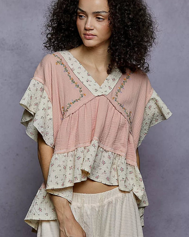 POL Floral V - Neck Short Sleeve Ruffled Double Gauze Blouse with Embroidery Detail - Sleekdenim.com