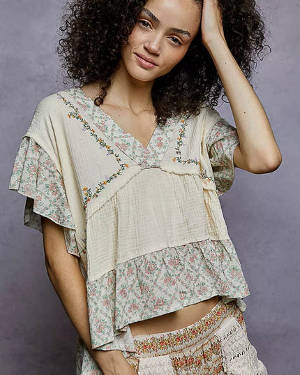 POL Floral V - Neck Short Sleeve Ruffled Double Gauze Blouse with Embroidery Detail - Sleekdenim.com