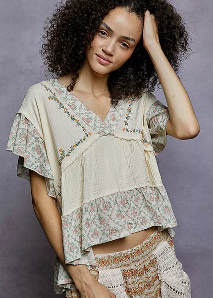 POL Floral V - Neck Short Sleeve Ruffled Double Gauze Blouse with Embroidery Detail - Sleekdenim.com