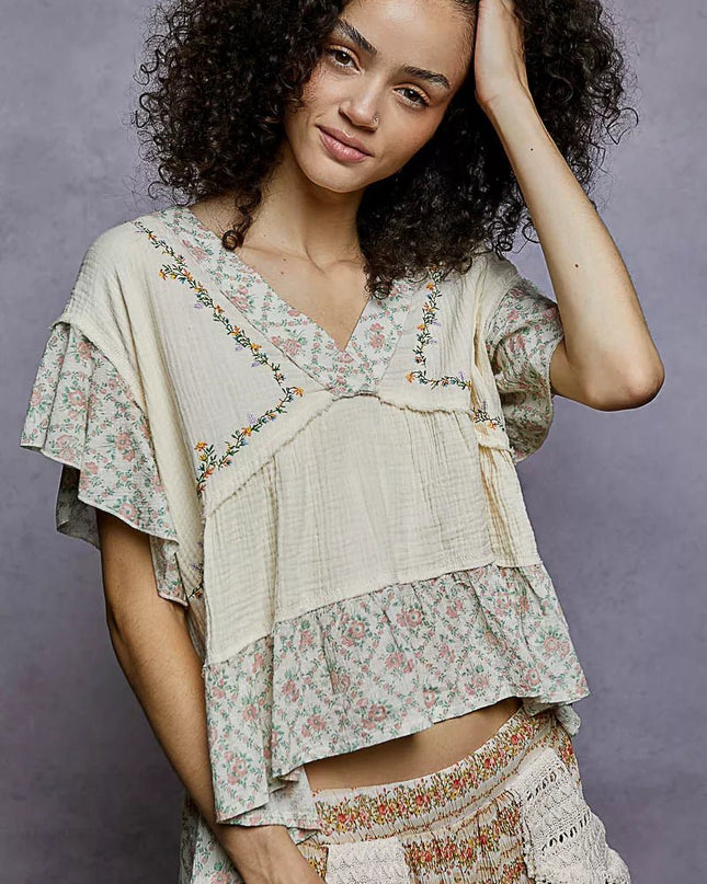 POL Floral V - Neck Short Sleeve Ruffled Double Gauze Blouse with Embroidery Detail - Sleekdenim.com
