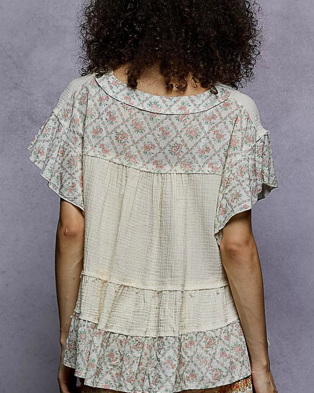POL Floral V - Neck Short Sleeve Ruffled Double Gauze Blouse with Embroidery Detail - Sleekdenim.com