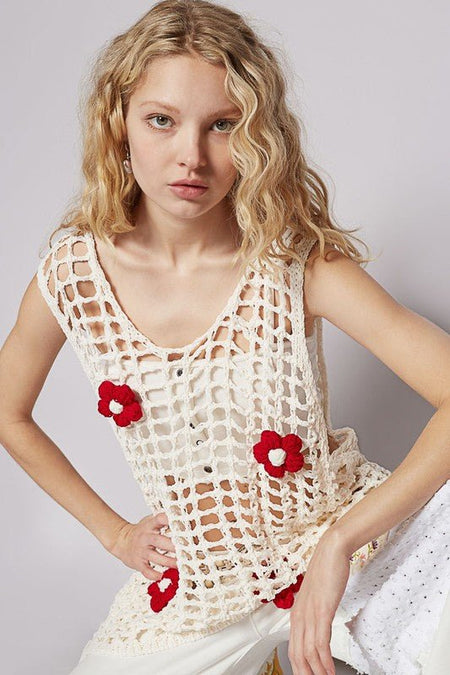 POL Flower Crochet Scoop Neck Sleeveless Knit Cover Up - Sleekdenim.com