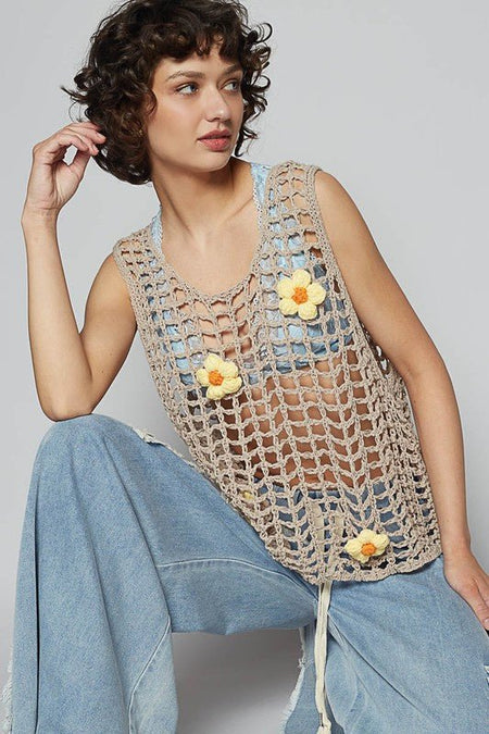 POL Flower Crochet Scoop Neck Sleeveless Knit Cover Up - Sleekdenim.com