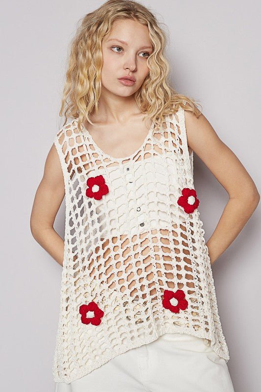 POL Flower Crochet Scoop Neck Sleeveless Knit Cover Up - Sleekdenim.com