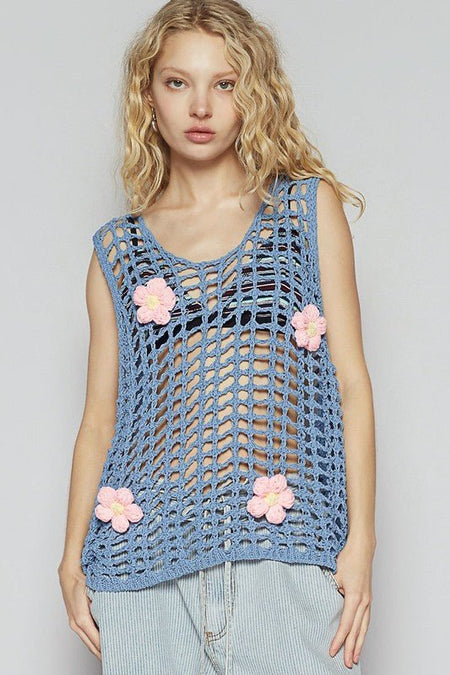 POL Flower Crochet Scoop Neck Sleeveless Knit Cover Up - Sleekdenim.com