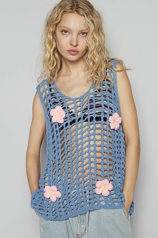 POL Flower Crochet Scoop Neck Sleeveless Knit Cover Up - Sleekdenim.com