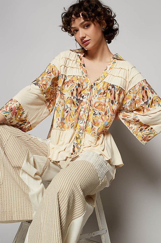 POL Frill Floral Johnny Collar Shirring Raglan Sleeve Shirt - Sleekdenim.com