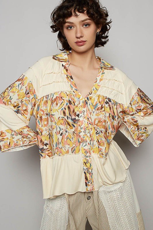 POL Frill Floral Johnny Collar Shirring Raglan Sleeve Shirt - Sleekdenim.com