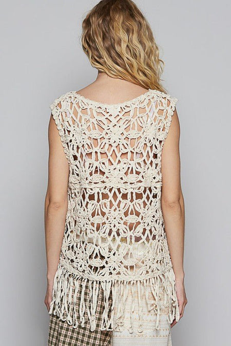 POL Fringe Round Neck Sleeveless Crochet Knit Cover Up - Sleekdenim.com