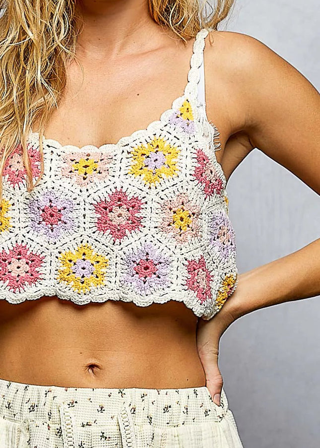 POL Handmade Granny Pattern Crochet Cami with Scalloped Strap - Sleekdenim.com