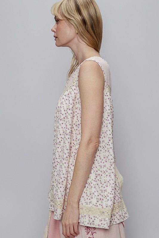 POL Lace Detail Floral Round Neck Sleeveless Top - Sleekdenim.com