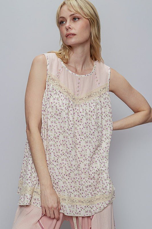 POL Lace Detail Floral Round Neck Sleeveless Top - Sleekdenim.com