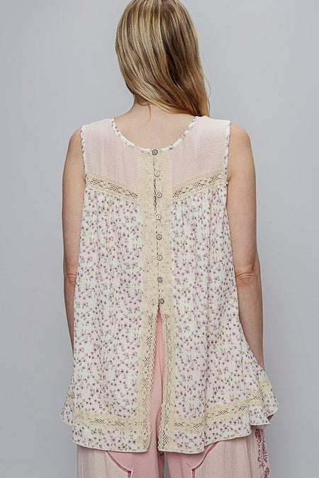 POL Lace Detail Floral Round Neck Sleeveless Top - Sleekdenim.com