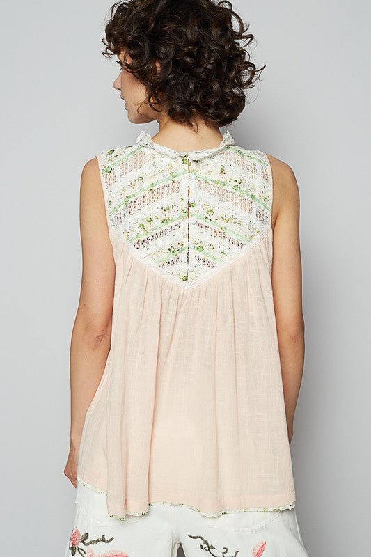 POL Lace Detail Floral Sleeveless Rayon Gauze Top - Sleekdenim.com