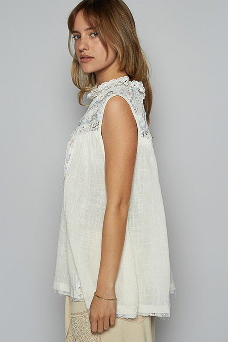 POL Lace Detail Floral Sleeveless Rayon Gauze Top - Sleekdenim.com