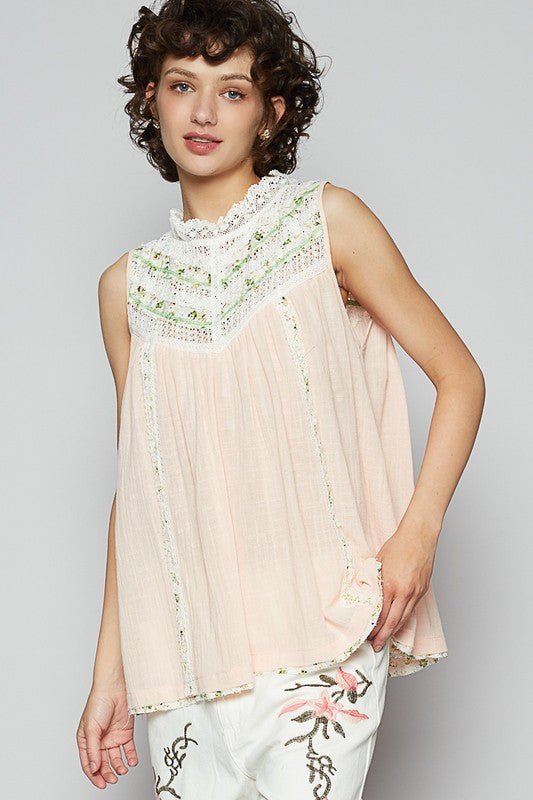 POL Lace Detail Floral Sleeveless Rayon Gauze Top - Sleekdenim.com