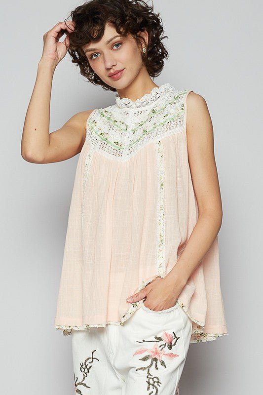 POL Lace Detail Floral Sleeveless Rayon Gauze Top - Sleekdenim.com