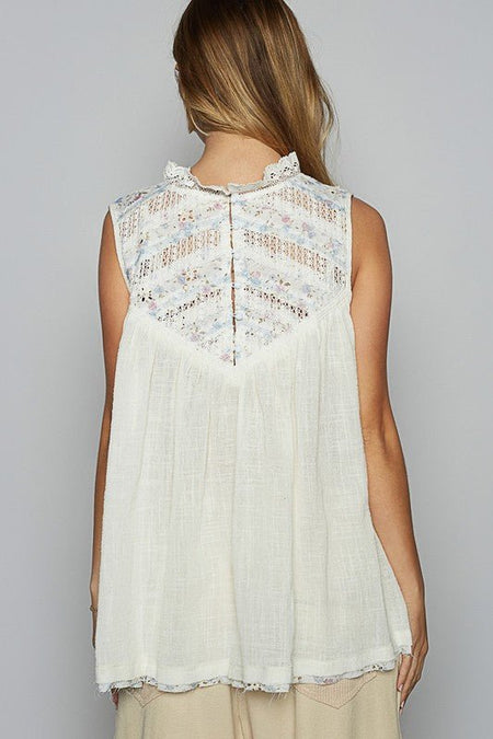 POL Lace Detail Floral Sleeveless Rayon Gauze Top - Sleekdenim.com