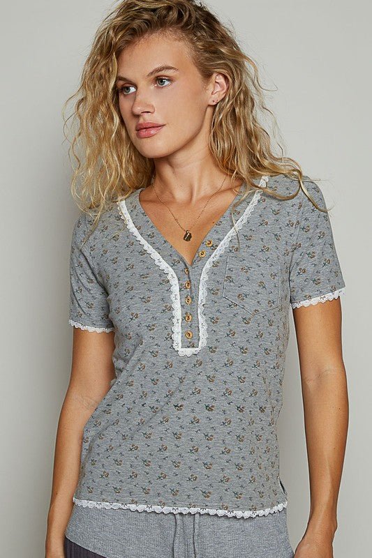 POL Lace Detail Floral V - Neck Button Detail Short Sleeve T-Shirt - Sleekdenim.com