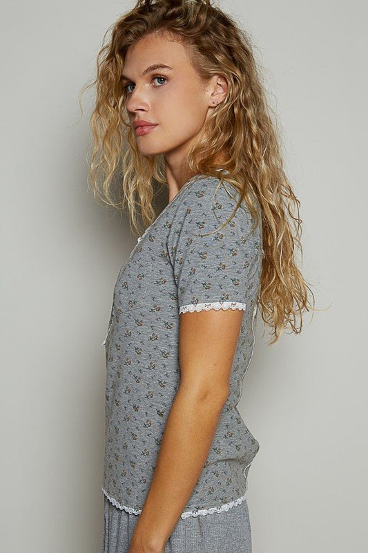 POL Lace Detail Floral V - Neck Button Detail Short Sleeve T-Shirt - Sleekdenim.com