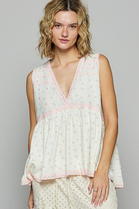 POL Lace Detail Floral V - Neck Sleeveless Top - Sleekdenim.com