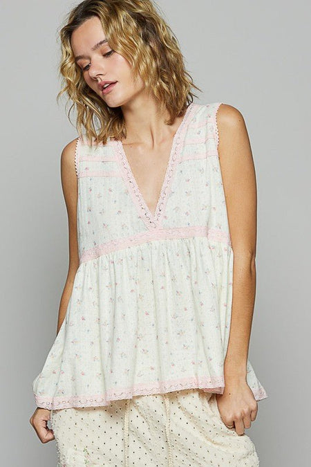 POL Lace Detail Floral V - Neck Sleeveless Top - Sleekdenim.com